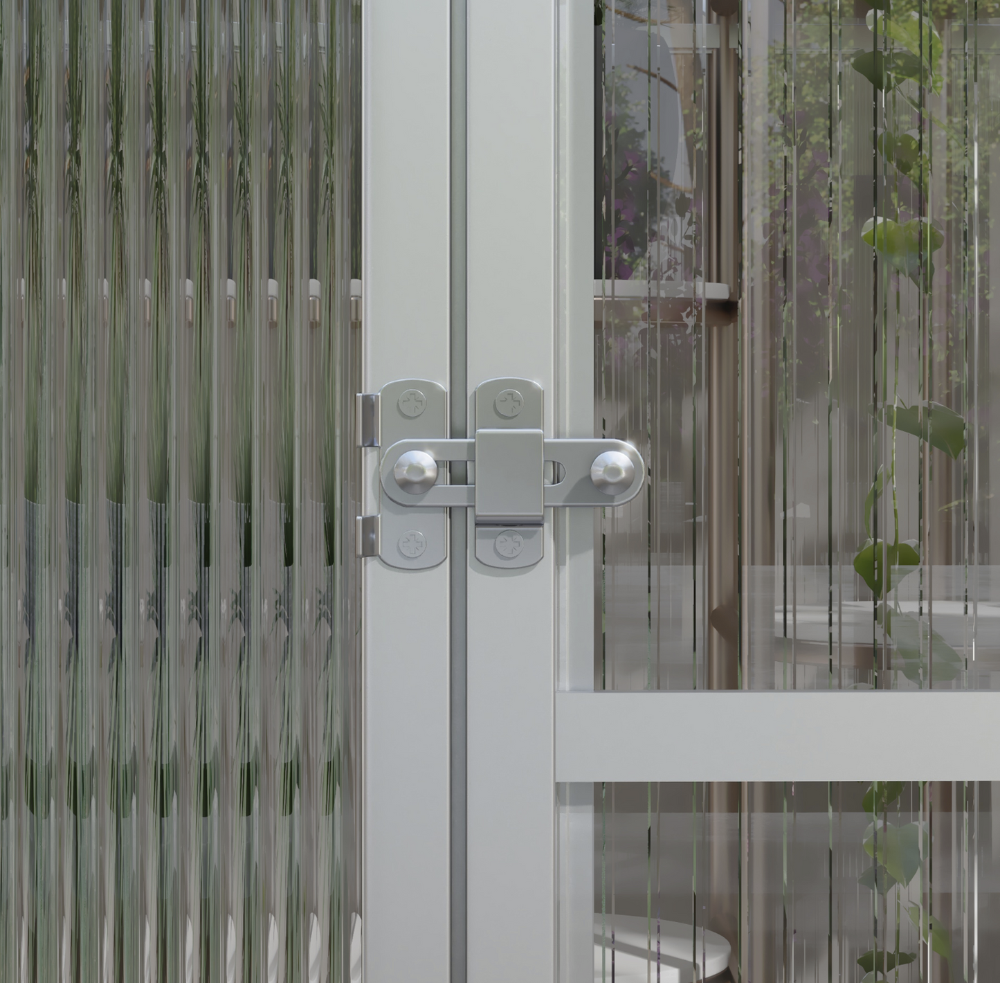 Close-up of the locking system on the greenhouse with a latch, blurred background