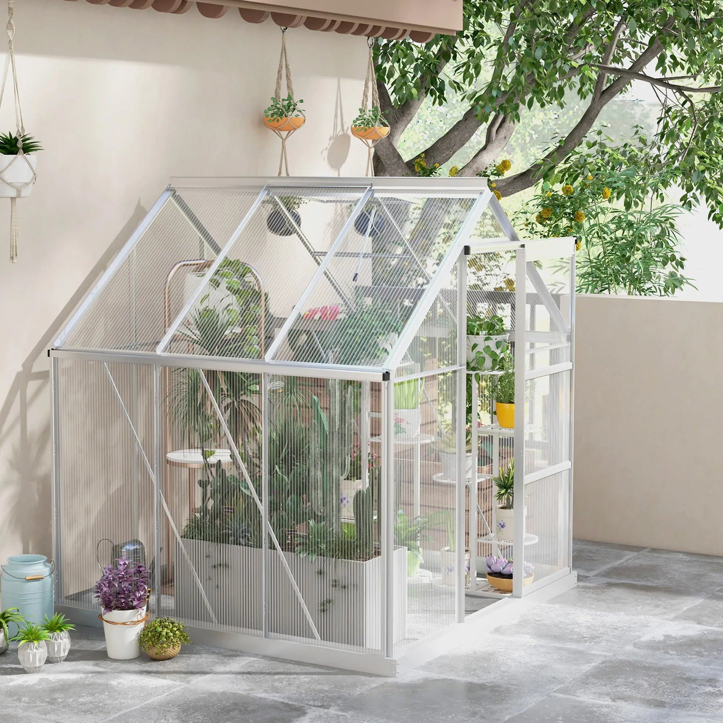 White greenhouse with plants inside, set against a neutral outdoor background