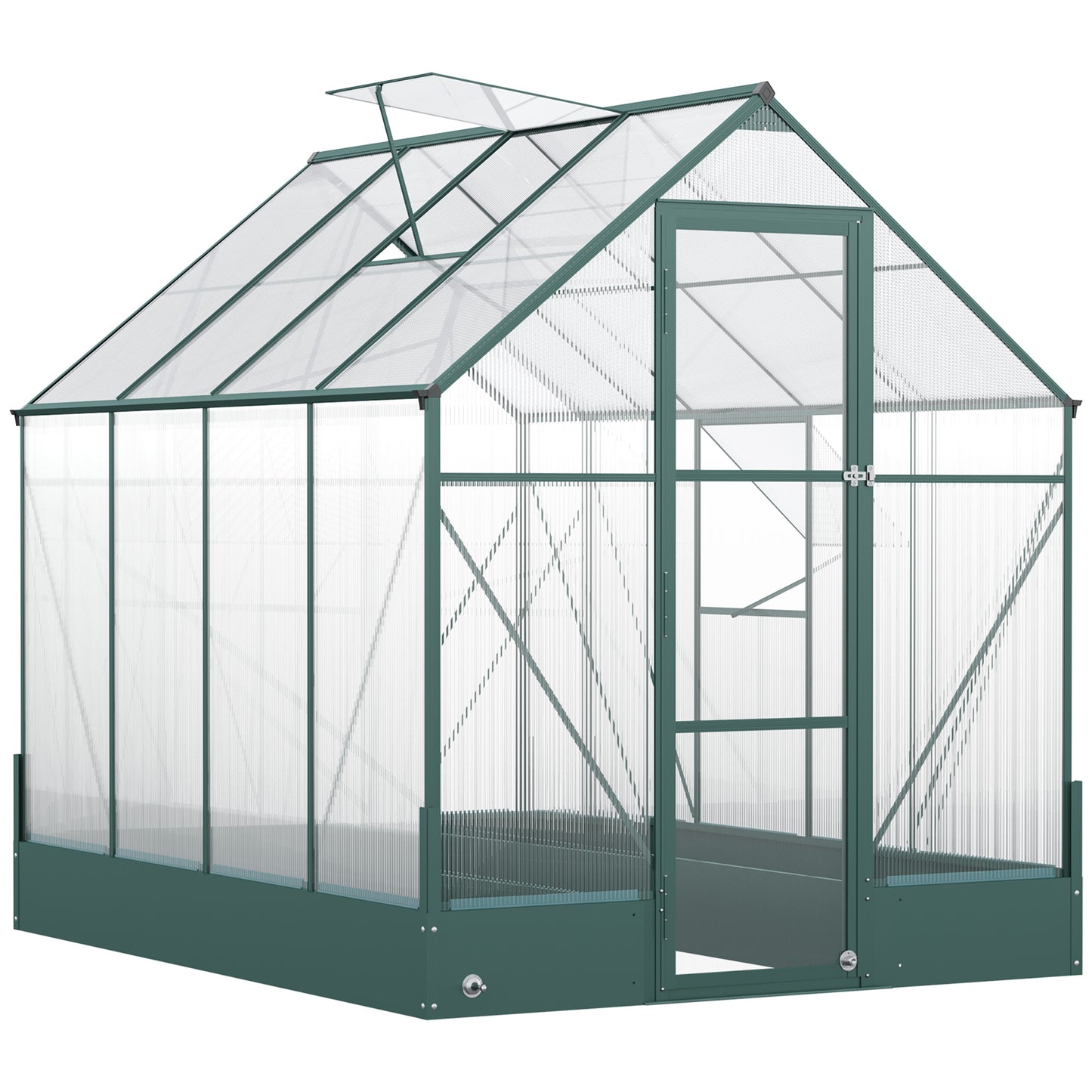 Outsunny Polycarbonate Greenhouse with Base and Raised Bed, Walk-in Greenhouse with Aluminium Frame, Temperature Controlled Window, Foundation for Plants, Flowers, Vegetable