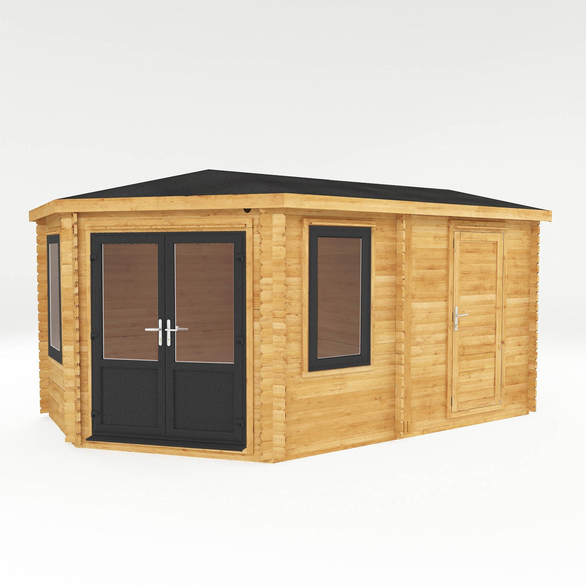 Mercia Garden Products 5x3m grey corner log cabin with side shed, featuring 44mm thick walls and UPVC details.