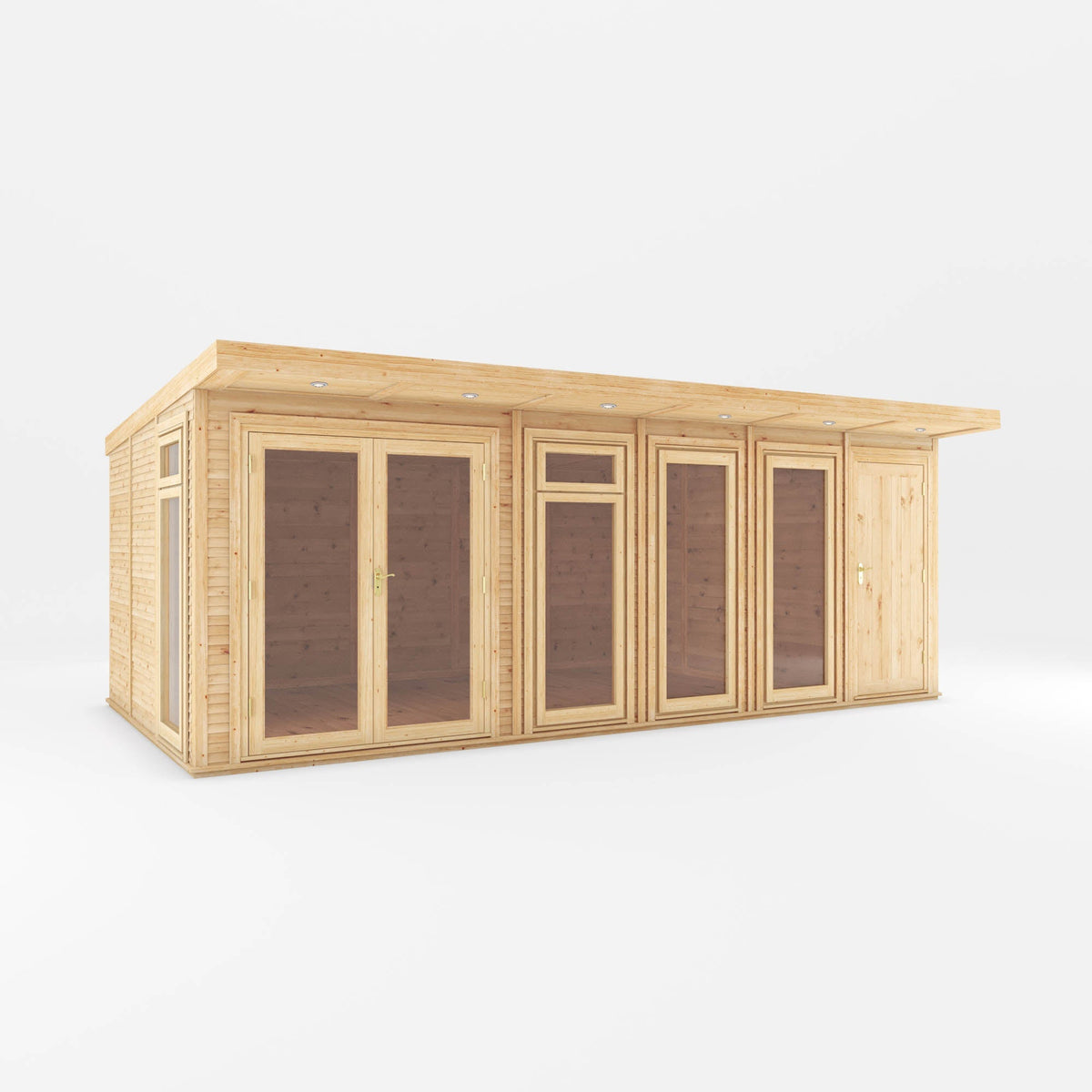 Insulated Mercia Garden Products garden room with side shed, fully installed, 6m by 3m, ideal for outdoor living or workspace.