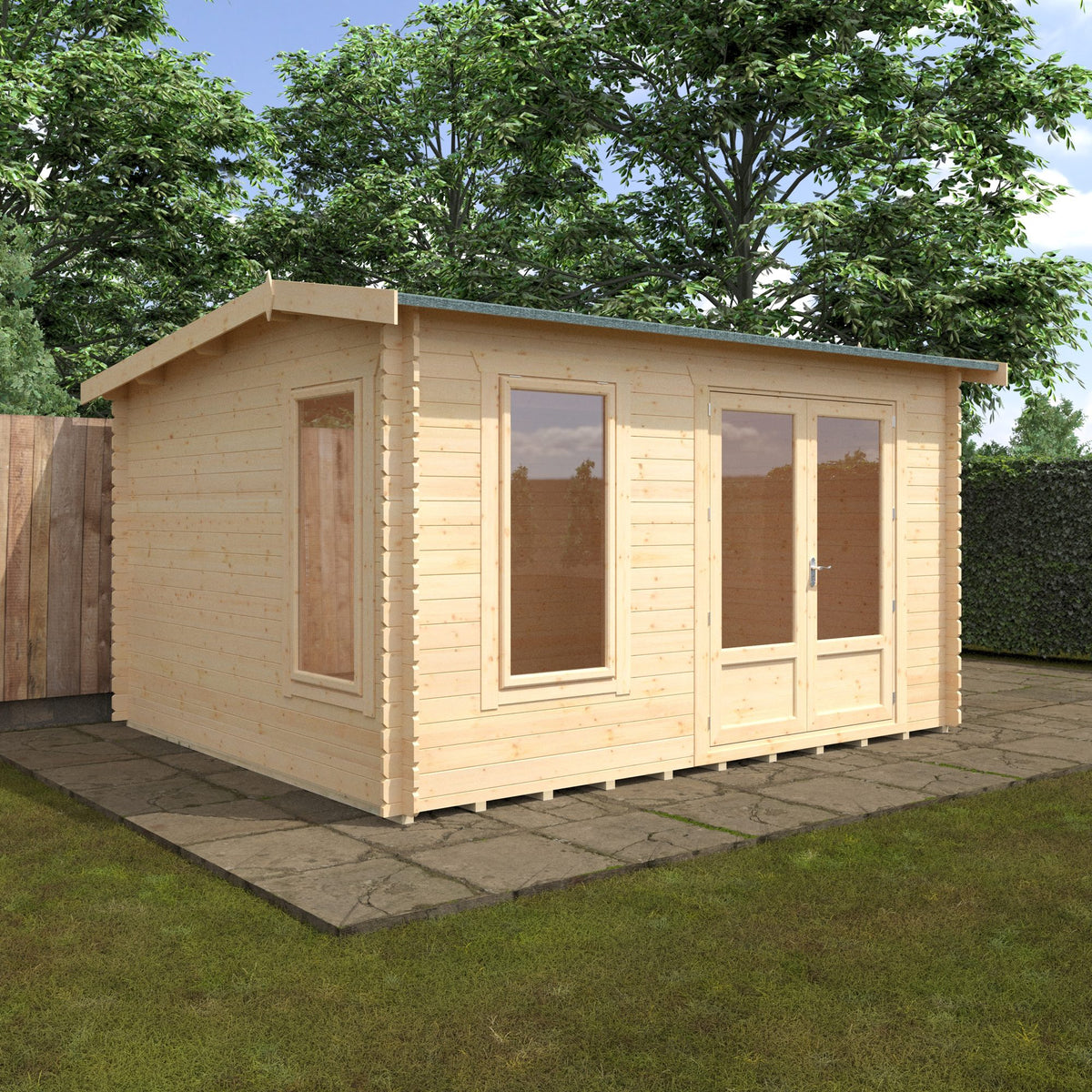 Norven Gardens glazed garden office log cabin with large windows and wooden exterior, designed for outdoor workspace.