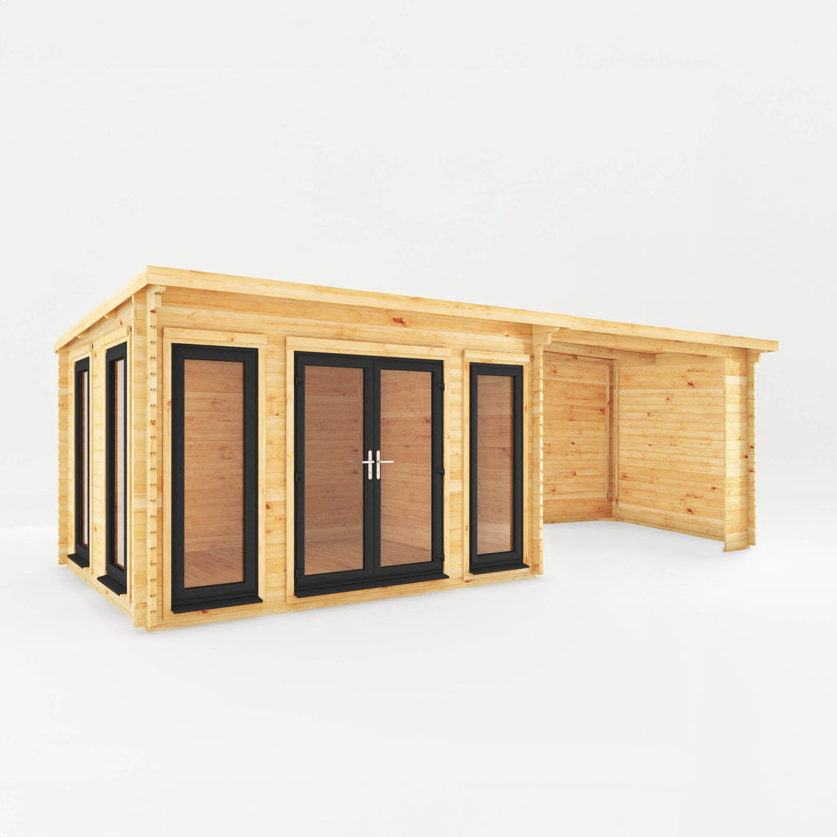 Mercia Garden Products Studio Pent Log Cabin with grey UPVC roof, 7x3m size, featuring a spacious patio area.