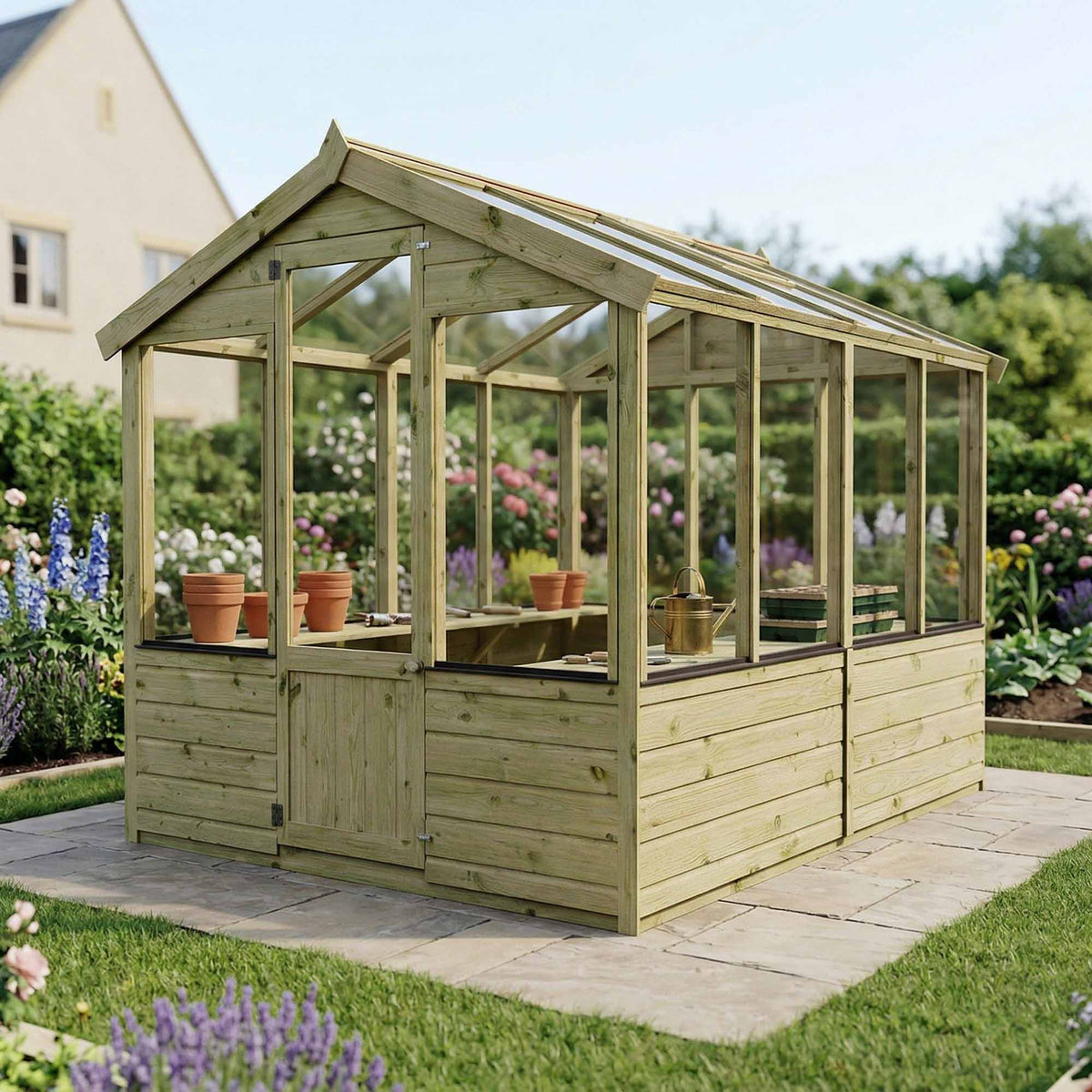 Traditional wooden greenhouse by Mercia Garden Products with glass panels and a classic design for garden plant protection.