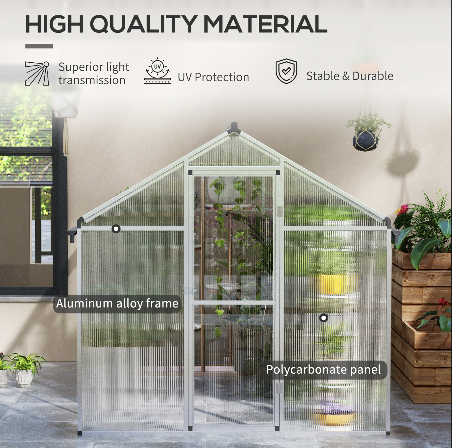 Greenhouse with text highlighting high-quality material features and indoor plants.