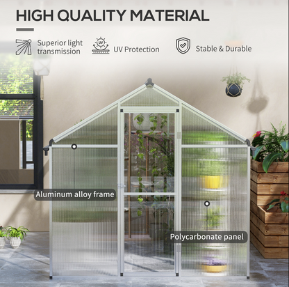 Greenhouse with text highlighting high-quality material features and indoor plants.