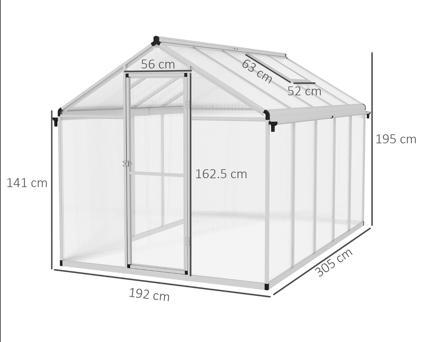 Dimensions of an Outsunny greenhouse with labeled measurements on a white background
