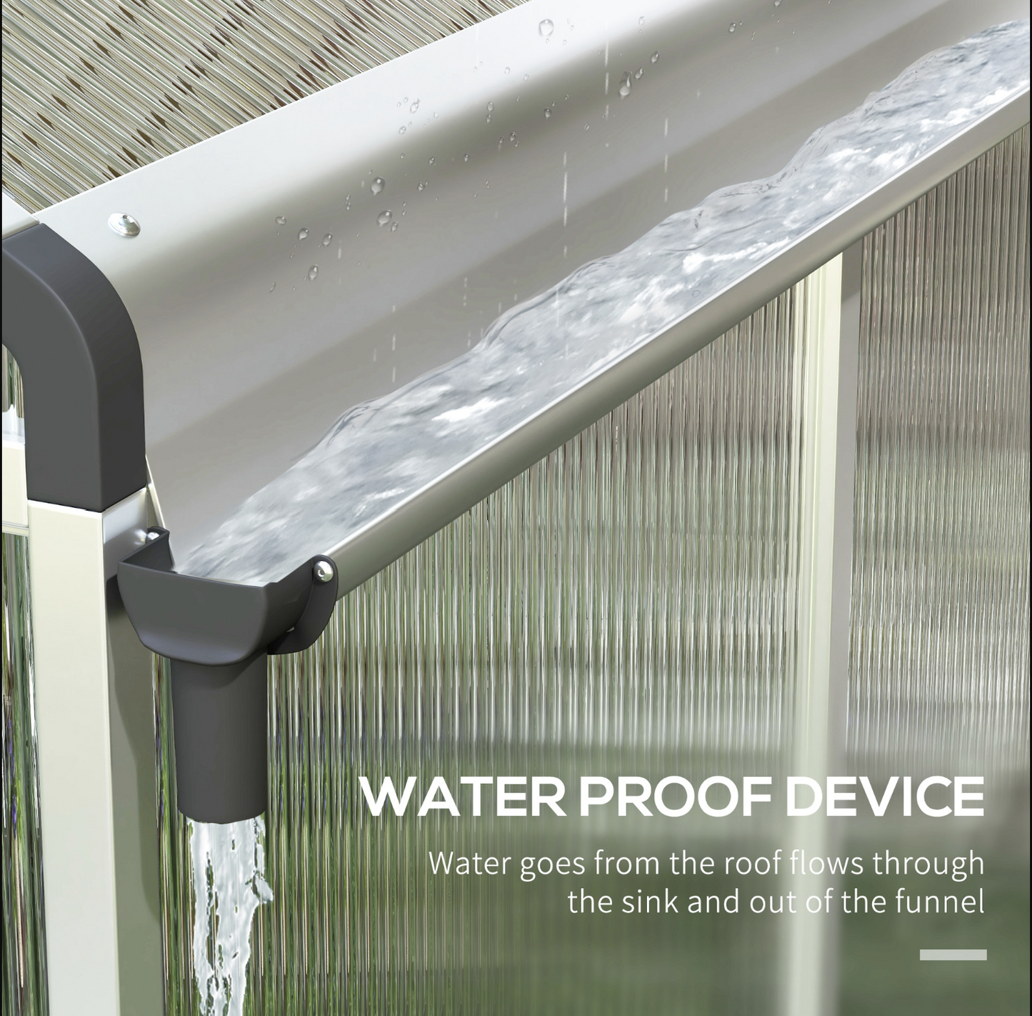 Waterproof design on a greenhouse roof with water flowing through it, text indicating function.
