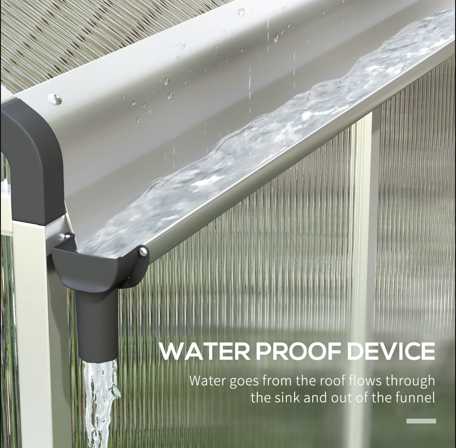 Waterproof design on a greenhouse roof with water flowing through it, text indicating function.