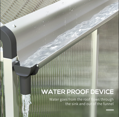 Waterproof design on a greenhouse roof with water flowing through it, text indicating function.
