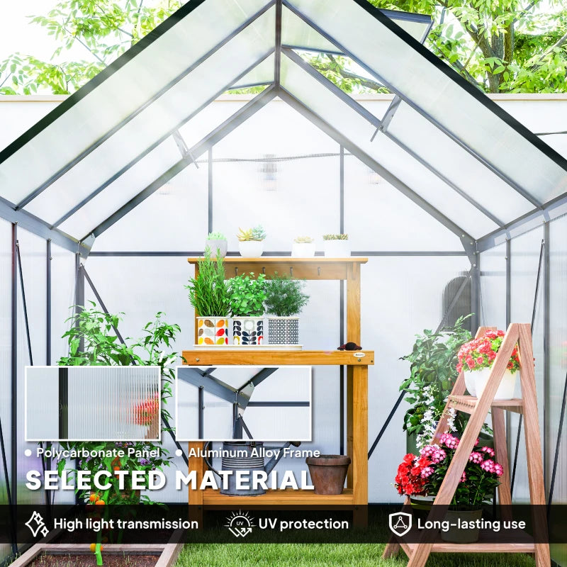 Outsunny Greenhouse with plants and gardening tools, featuring material highlights.