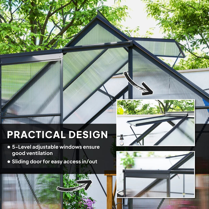 Outdoor greenhouse with adjustable windows and sliding door, surrounded by trees.
