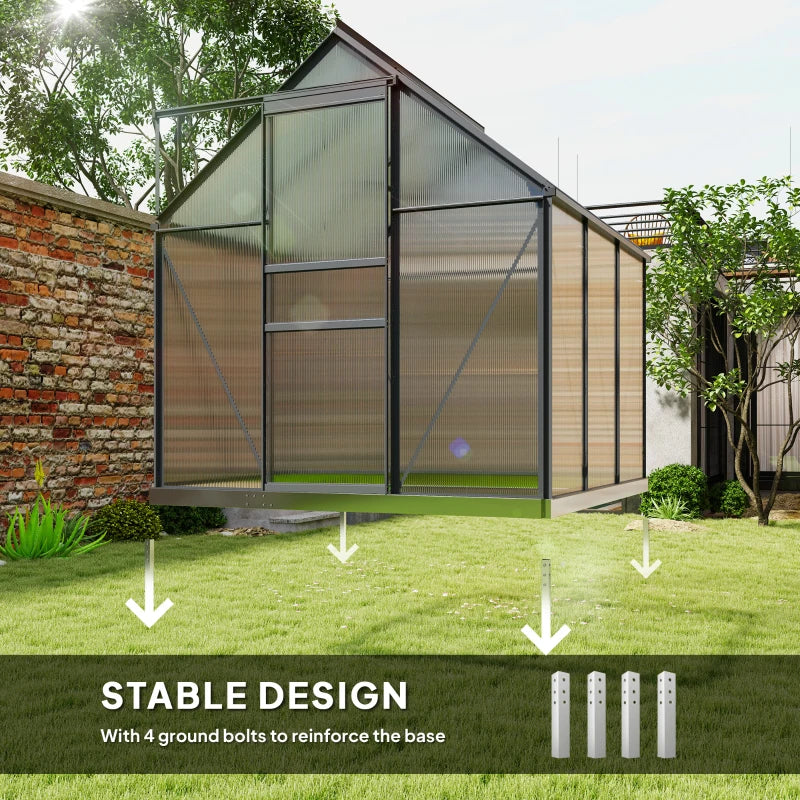 Modern greenhouse with stable design feature highlighted, featuring ground bolts.