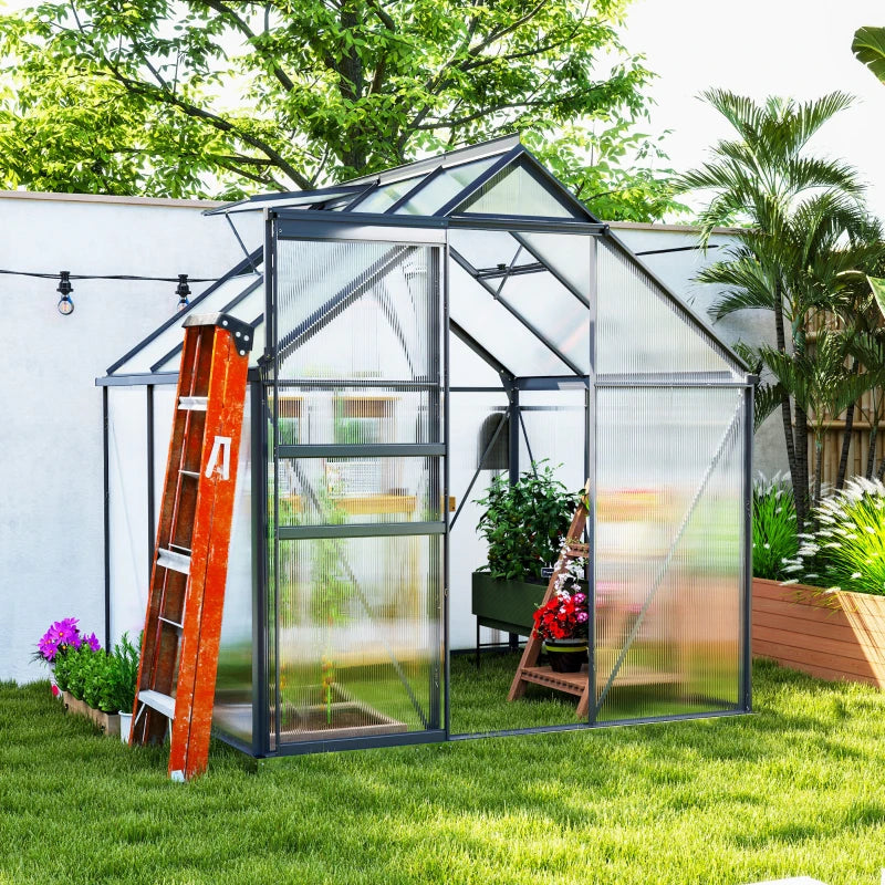 Clear greenhouse with a wooden ladder in a garden setting