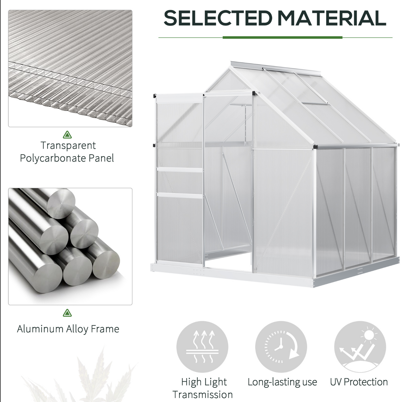White greenhouse with transparent polycarbonate panels and aluminum alloy frame, featuring material details and product benefits.
