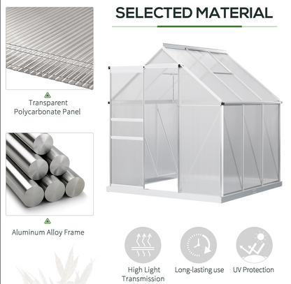 White greenhouse with transparent polycarbonate panels and aluminum alloy frame, featuring material details and product benefits.