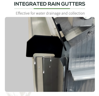 Rain gutter system with water drainage and collection, labeled 'Integrated Rain Gutters'.