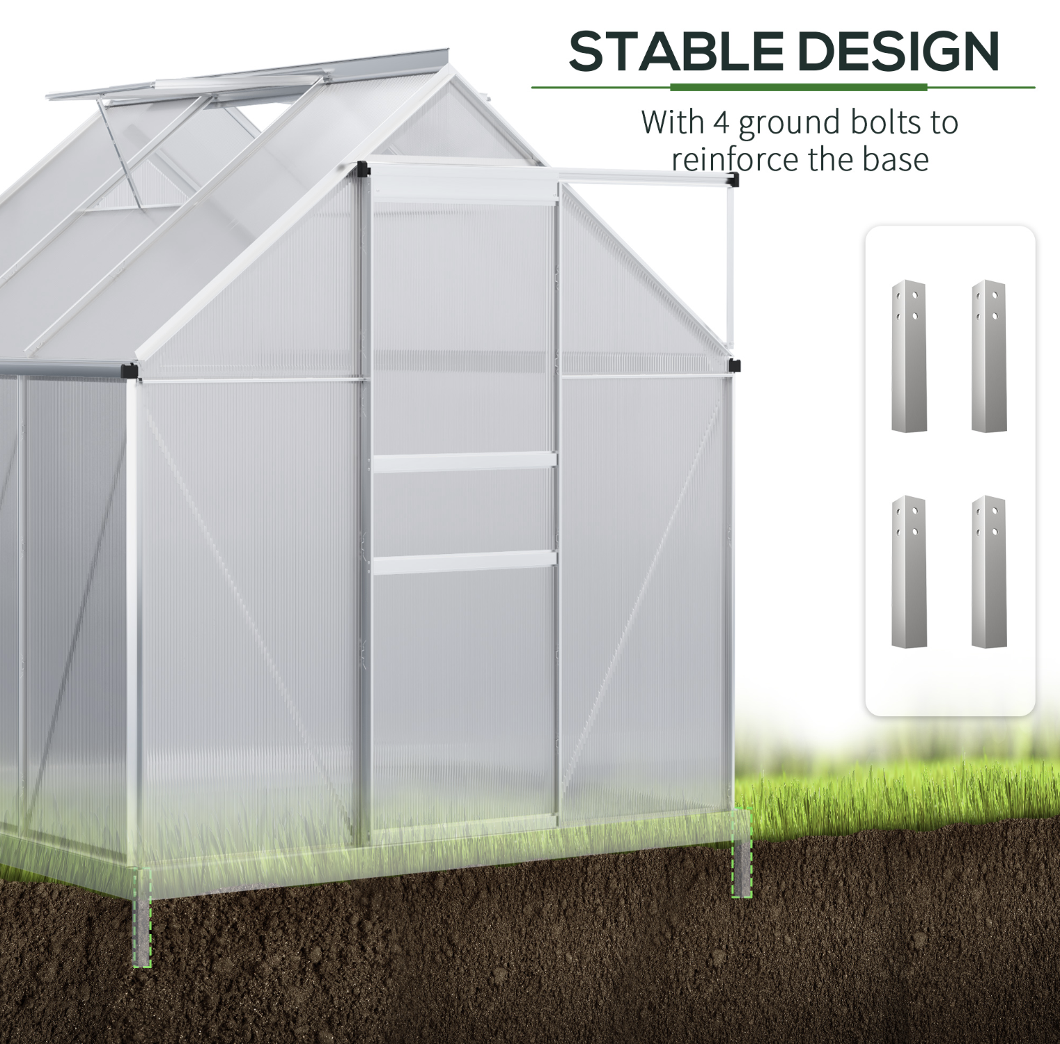 Greenhouse with stable design features and ground bolts reinforcement, on a grassy background.