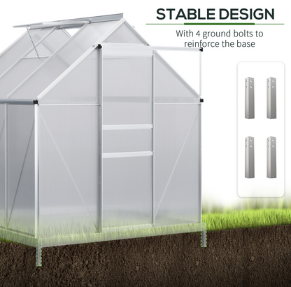 Greenhouse with stable design features and ground bolts reinforcement, on a grassy background.