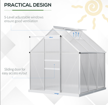 Silver greenhouse with text highlighting practical design features 
