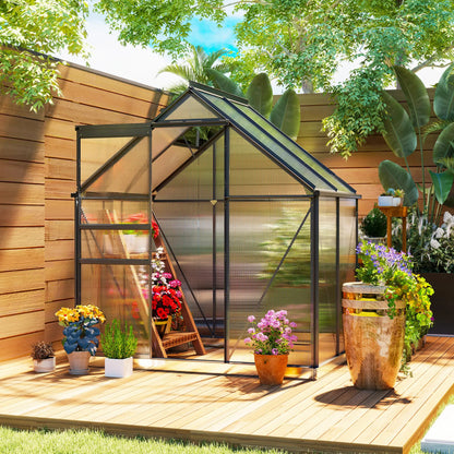 Small greenhouse with plants on a wooden deck