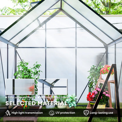 Greenhouse with plants and gardening tools, featuring selected material text and icons.