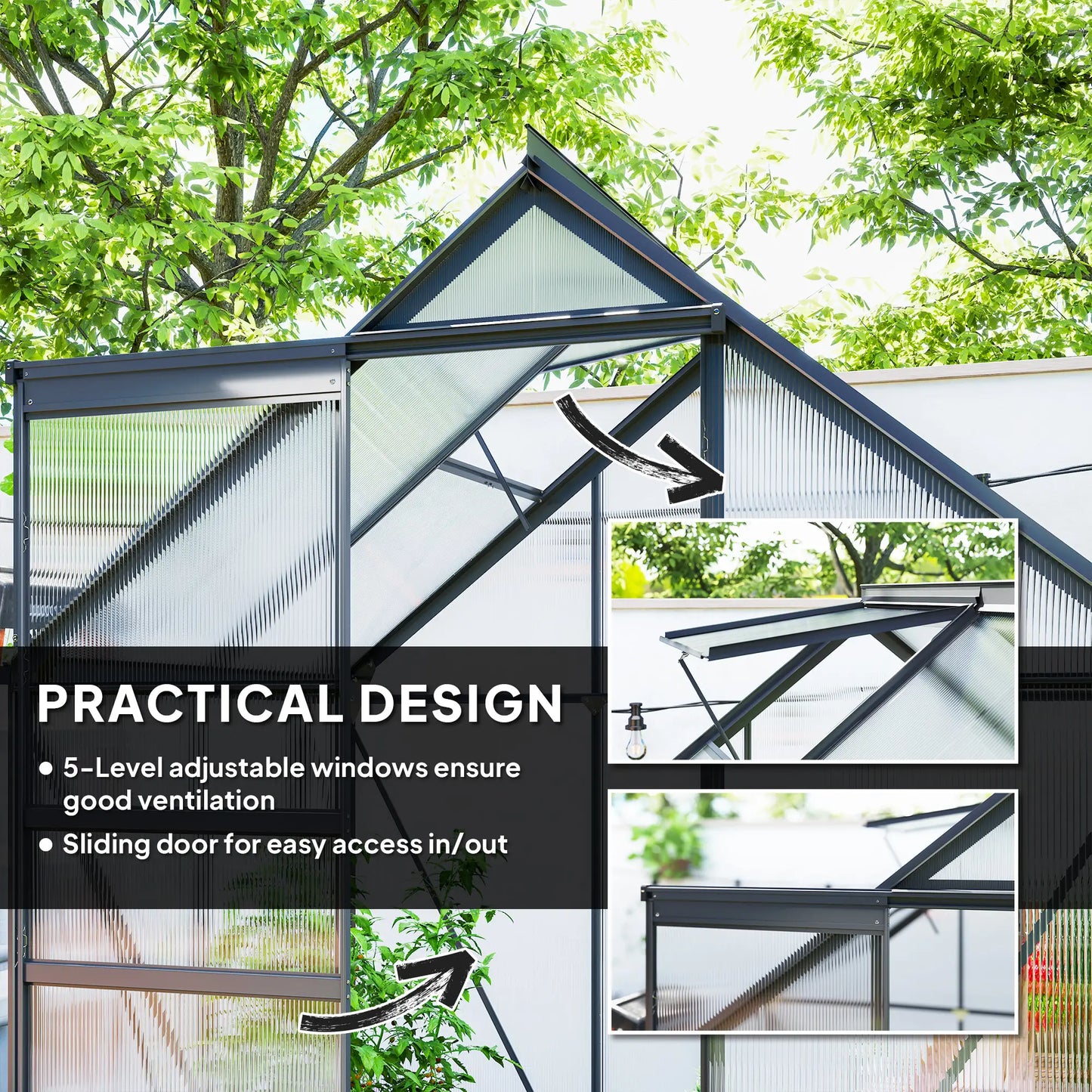 Greenhouse with practical design features highlighted, surrounded by trees.