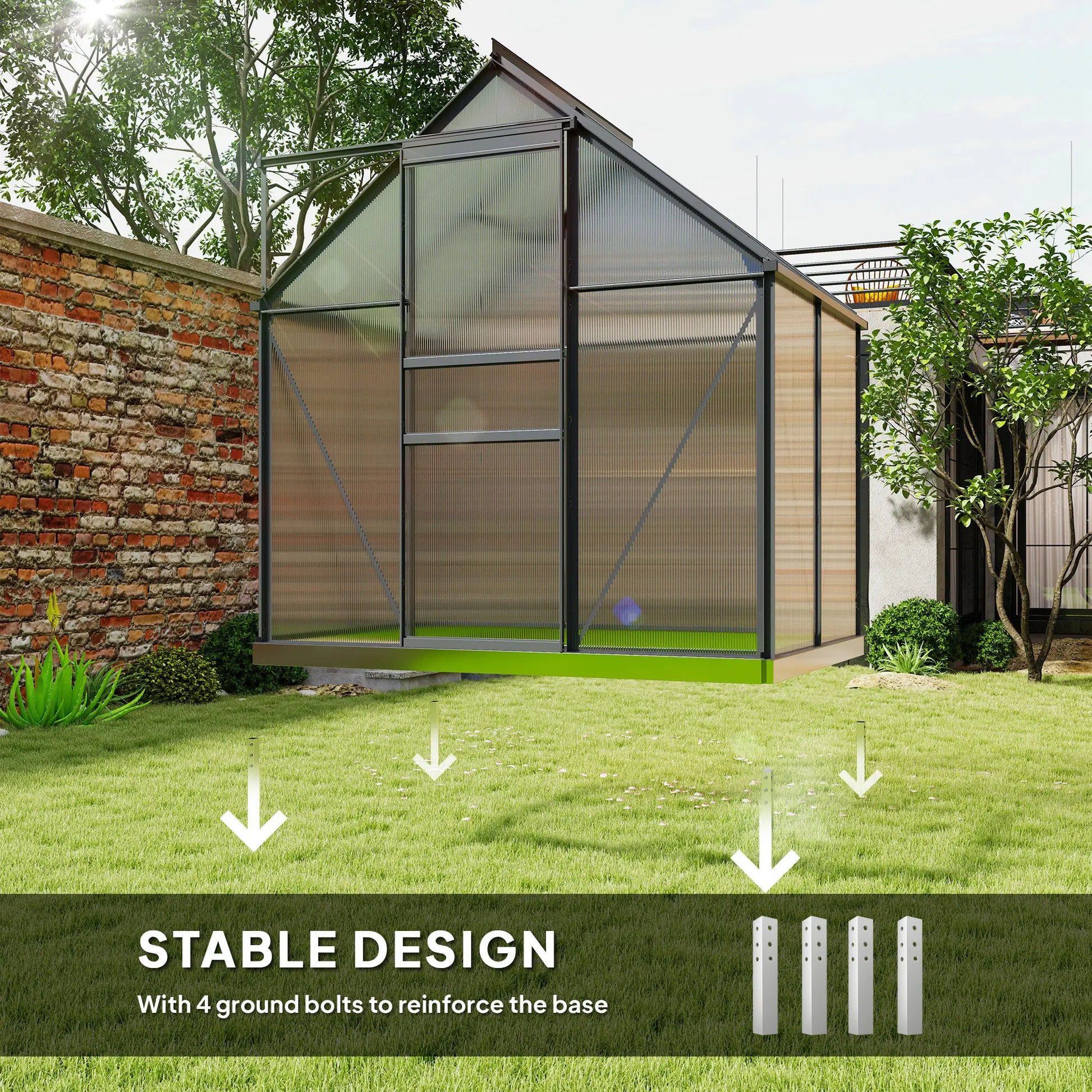 Greenhouse with a stable design feature highlighted on a grassy lawn.