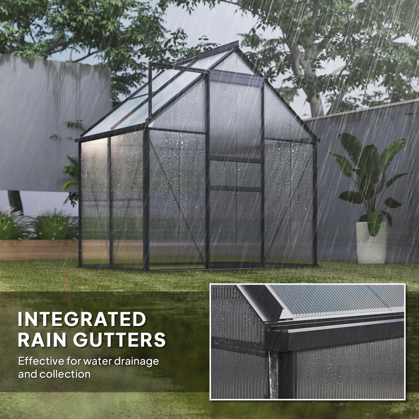 Greenhouse with integrated rain gutters during rain, showing water drainage system.