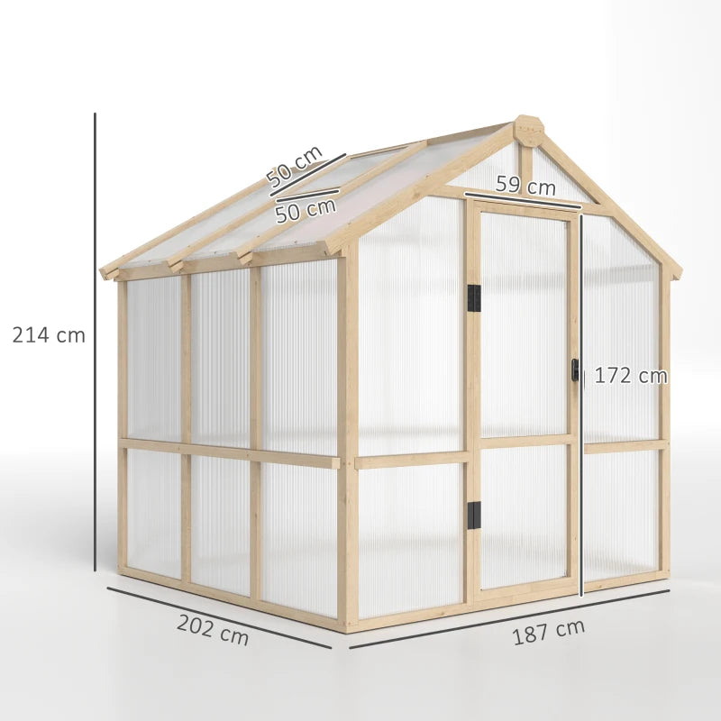 Small wooden greenhouse with dimensions indicated on a white background