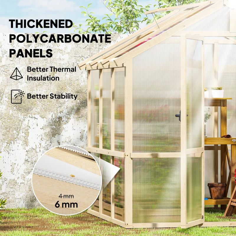 Wooden greenhouse with polycarbonate panels, showing text about thickened polycarbonate panels.