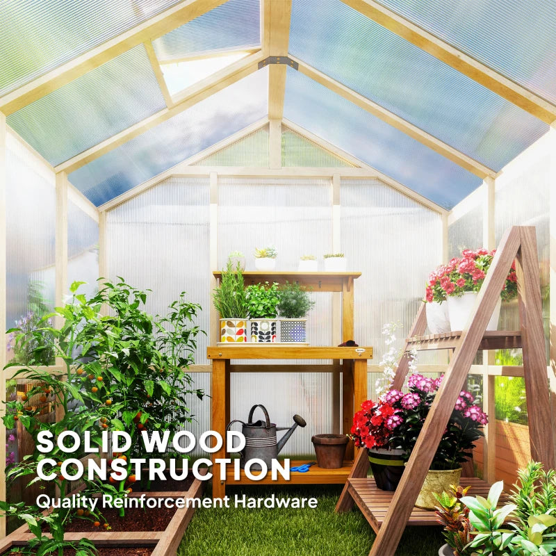 Greenhouse interior with plants and wooden structure, featuring text about solid wood construction.