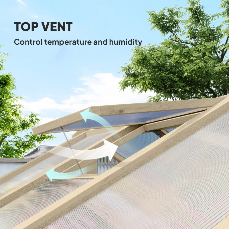 Roof vent with text indicating it controls temperature and humidity, set against a clear blue sky with trees.