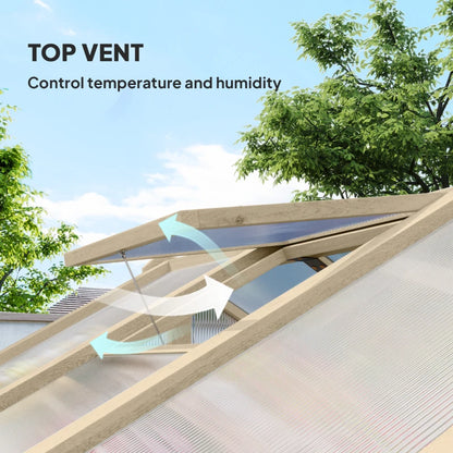 Roof vent with text indicating it controls temperature and humidity, set against a clear blue sky with trees.