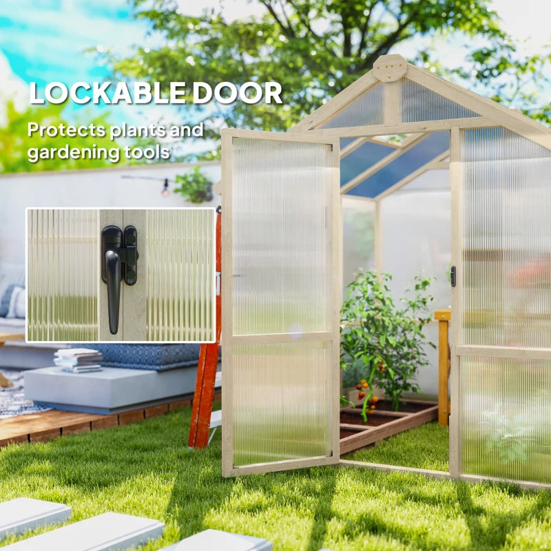 Greenhouse with lockable door in a garden setting