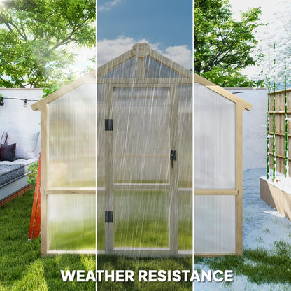 Collage of a wooden greenhouse with text 'Weather Resistance' in various outdoor settings.