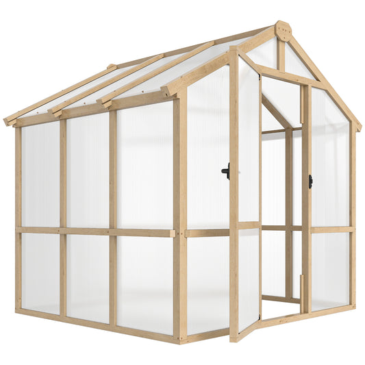 Outsunny 6.6 x 6ft Polycarbonate Greenhouse, Walk-in Wooden Greenhouse with Lockable Door and Window, Garden Plants Grow House, Brown