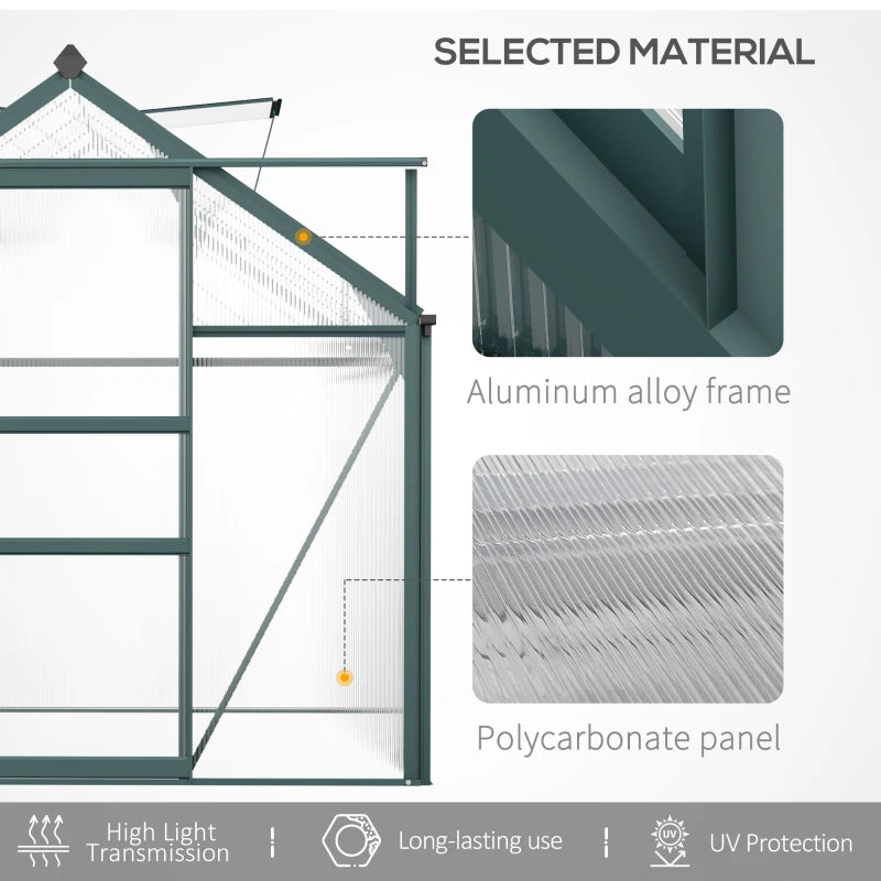 Green metal structure with polycarbonate panel, showing material details and features.