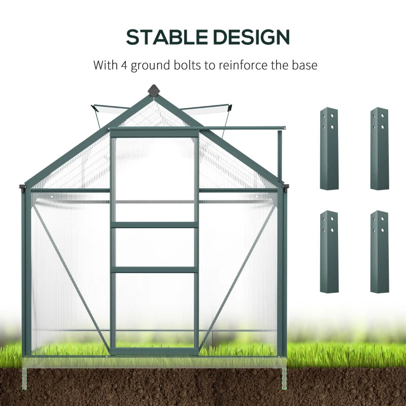 Green metal greenhouse with ground bolts on a white background