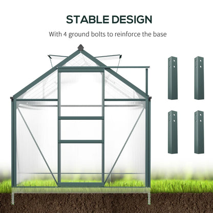 Green metal greenhouse with ground bolts on a white background