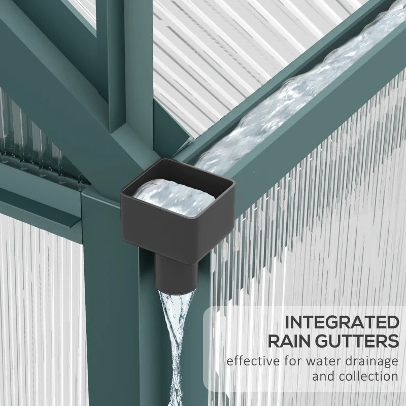 Rain gutter system with water flowing over it, set against a green metal frame.