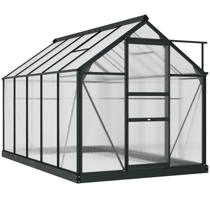 Black-framed greenhouse with transparent glass panels on a white background