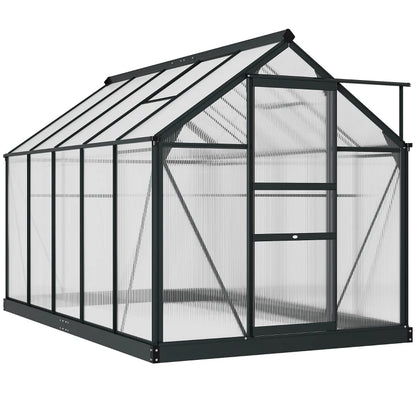 Black-framed greenhouse with transparent glass panels on a white background