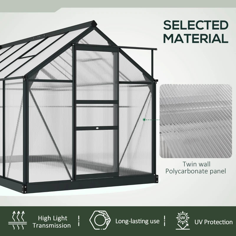 Greenhouse with twin wall polycarbonate panel material highlighted, featuring high light transmission, long-lasting use, and UV protection.