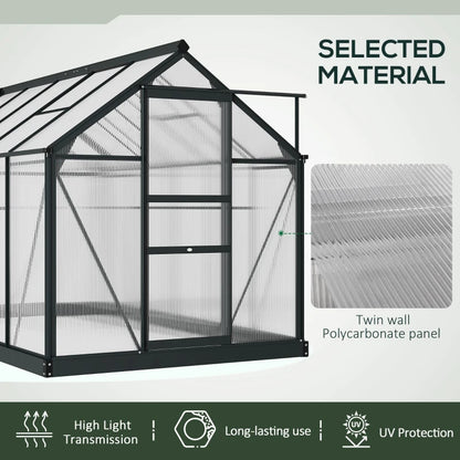 Greenhouse with twin wall polycarbonate panel material highlighted, featuring high light transmission, long-lasting use, and UV protection.