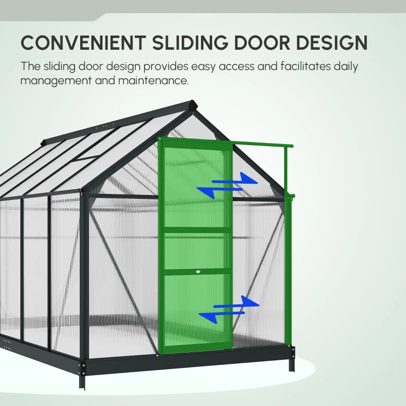 Green sliding door on a greenhouse with text highlighting convenience.
