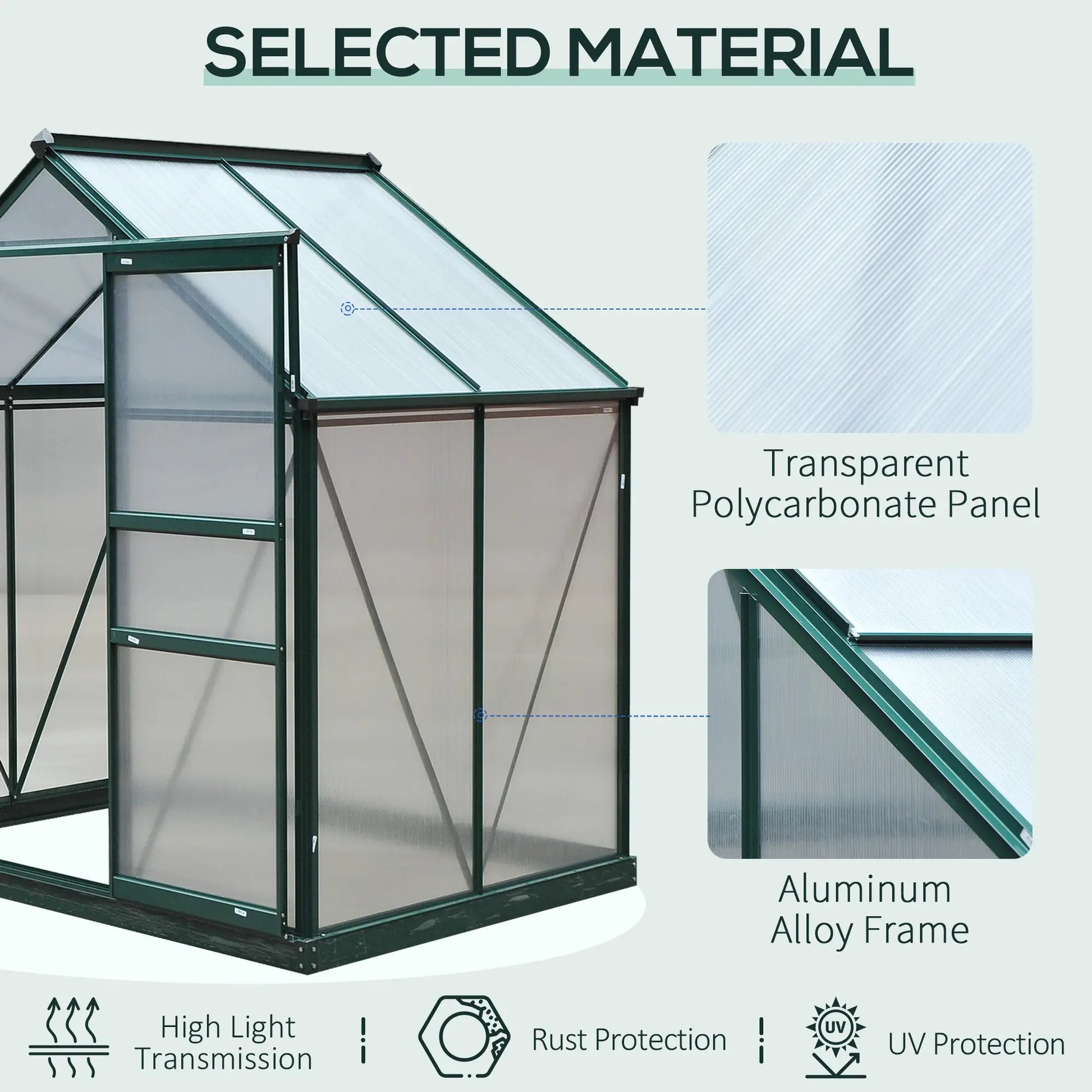 Greenhouse with transparent polycarbonate panel and aluminum alloy frame, highlighting material selection.