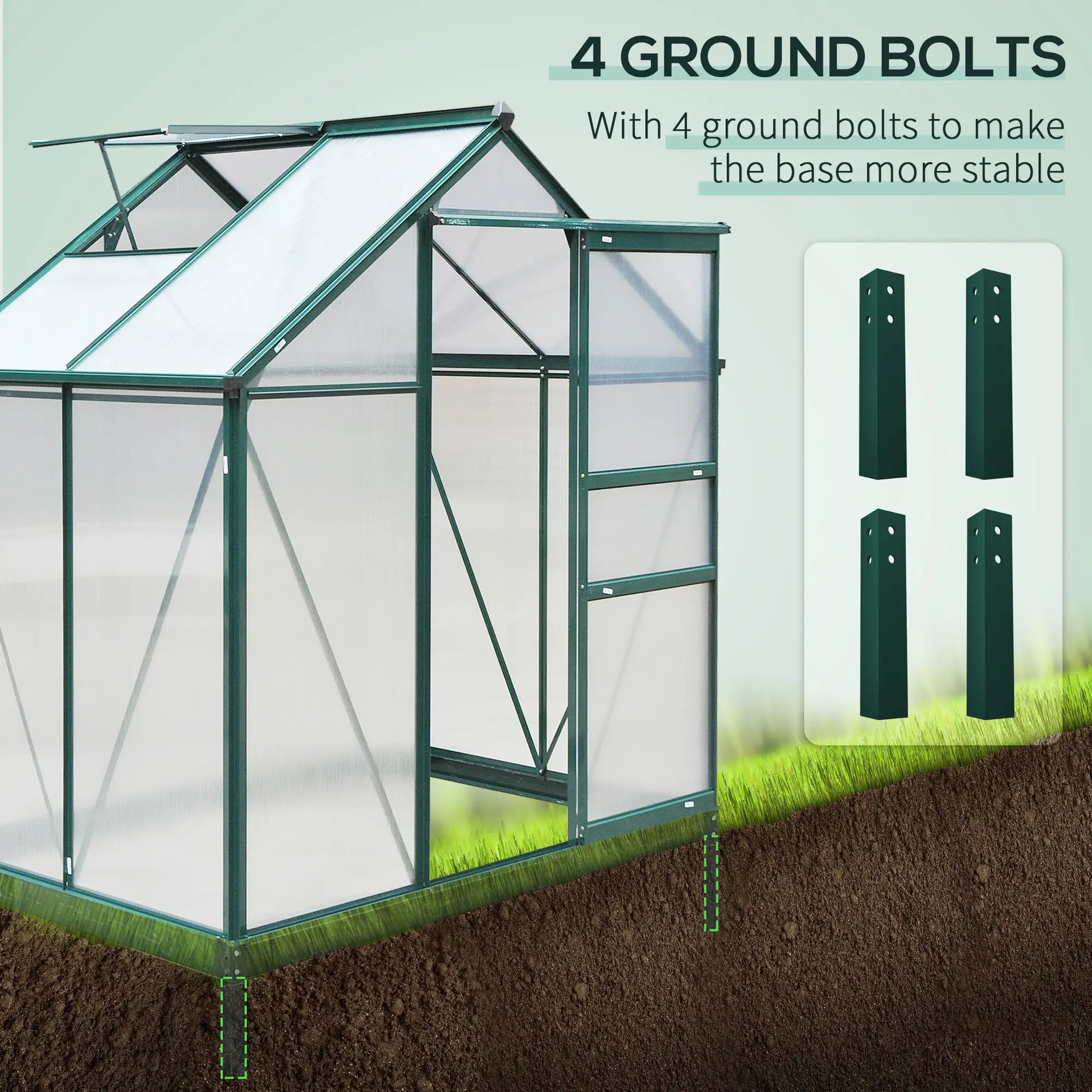 Greenhouse with ground bolts for stability on a light green background