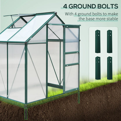 Greenhouse with ground bolts for stability on a light green background