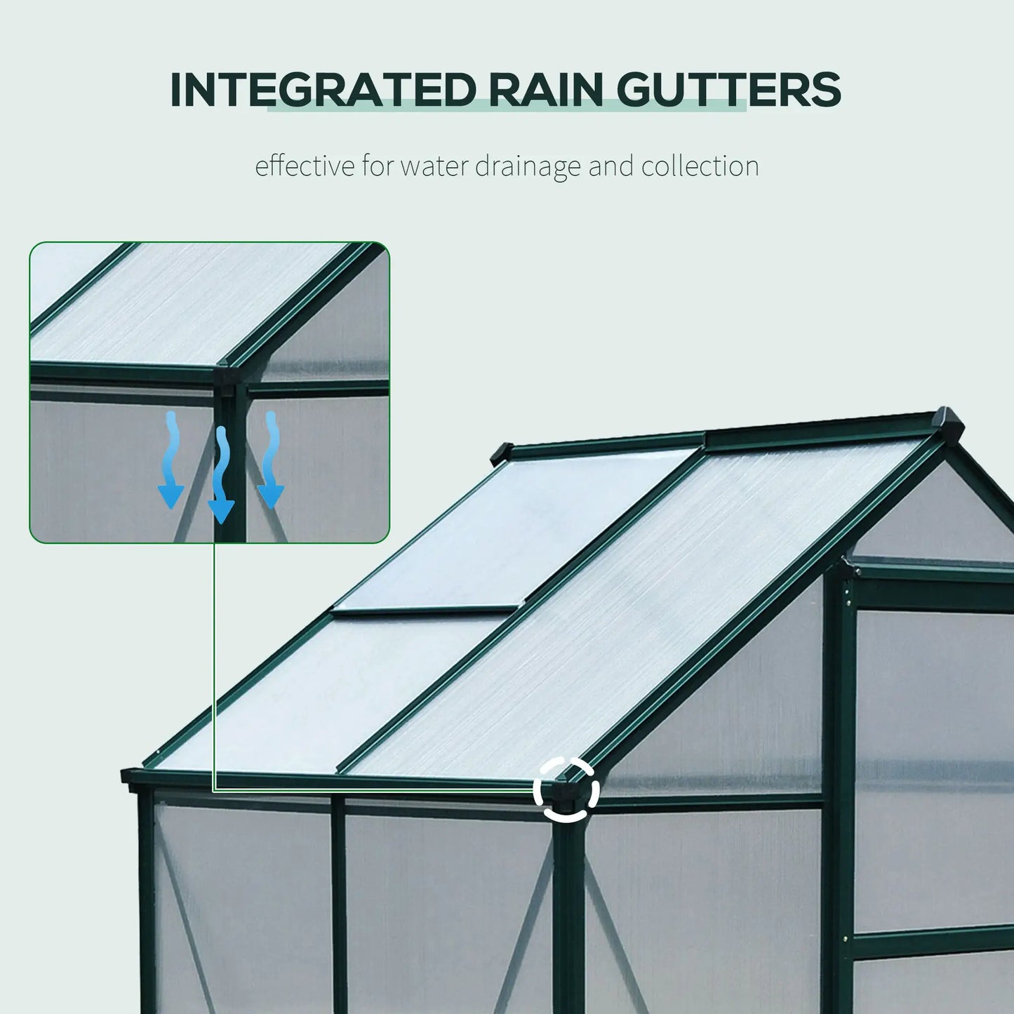 Greenhouse with integrated rain gutters and water drainage system on a light gray background